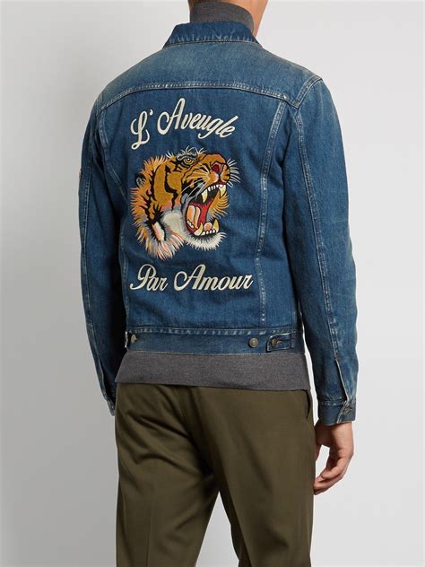 gucci tiger jacket black womens|Gucci denim jacket with embroideries.